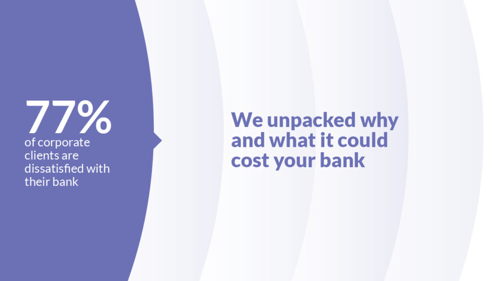 Graphic highlighting that 77% of corporate clients are dissatisfied with their bank, emphasizing the need for improved corporate banking experiences and customer engagement.