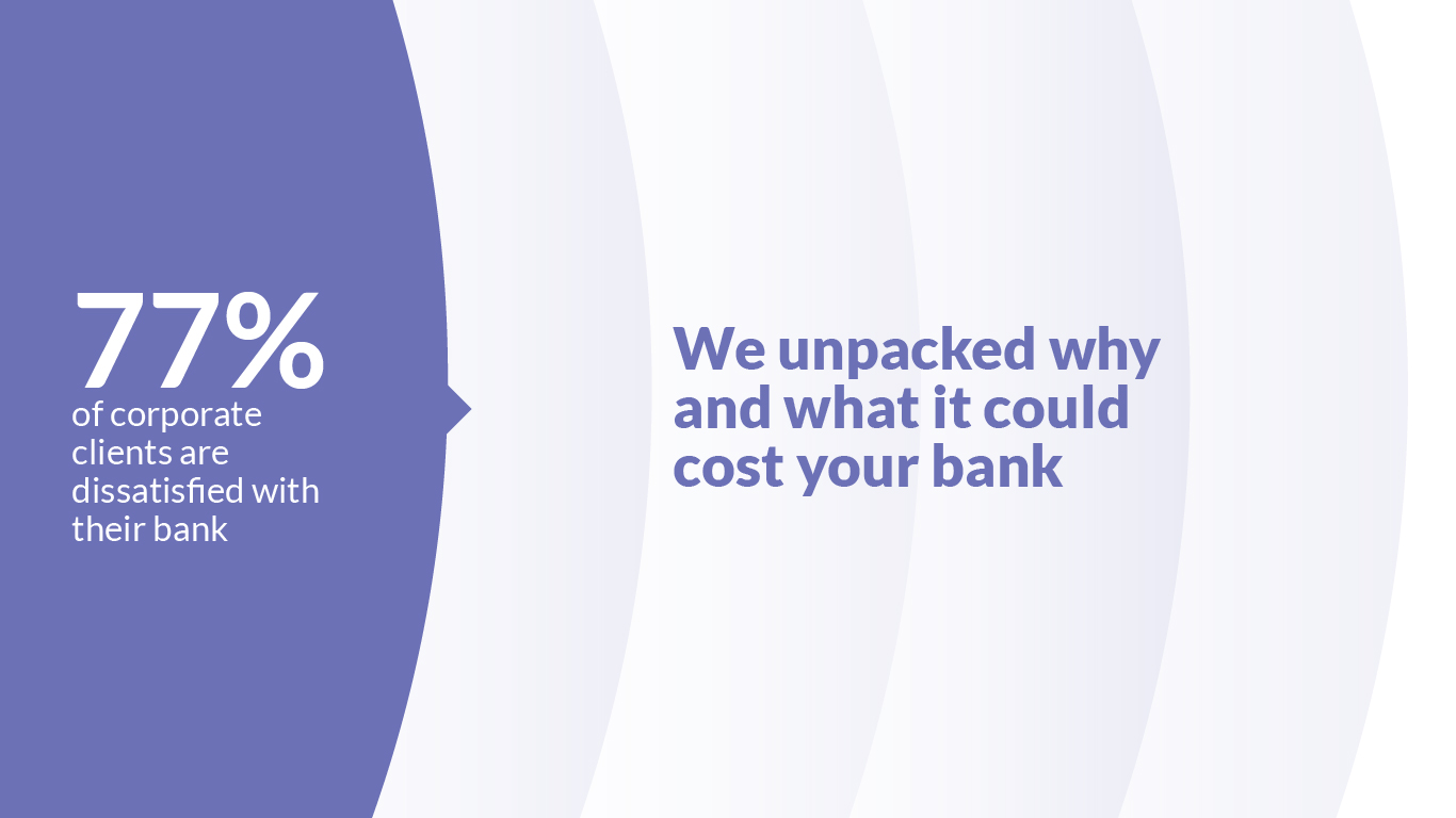 Graphic highlighting that 77% of corporate clients are dissatisfied with their bank, emphasizing the need for improved corporate banking experiences and customer engagement.