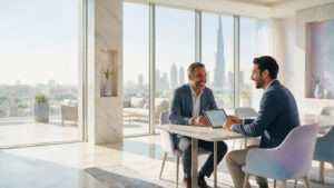Wealth advisor meeting with a client in a luxury Dubai office, reviewing financial data on a tablet with the city skyline in the background.
