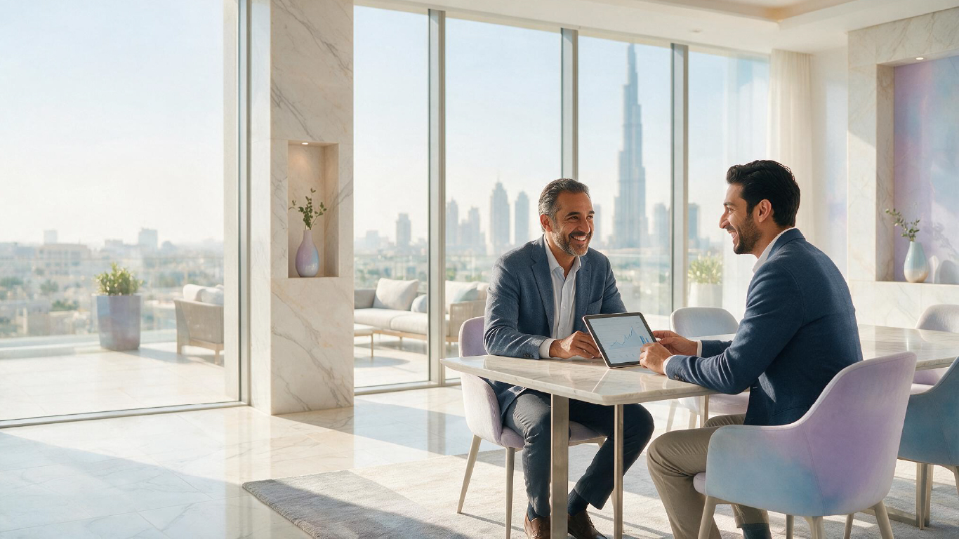 Wealth advisor meeting with a client in a luxury Dubai office, reviewing financial data on a tablet with the city skyline in the background.