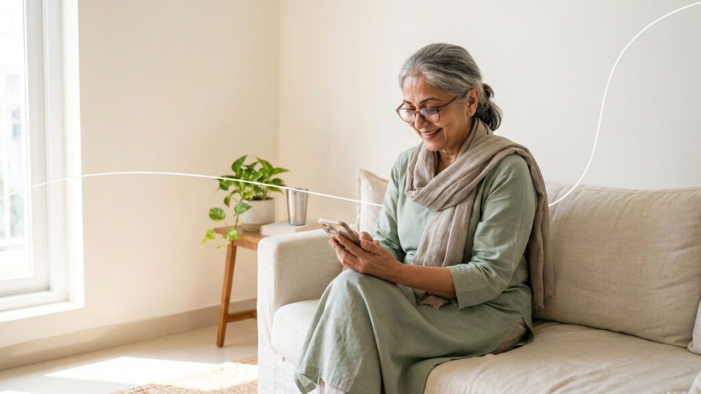 Senior woman using a smartphone for intent-based banking at home