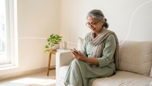 Senior woman using a smartphone for intent-based banking at home