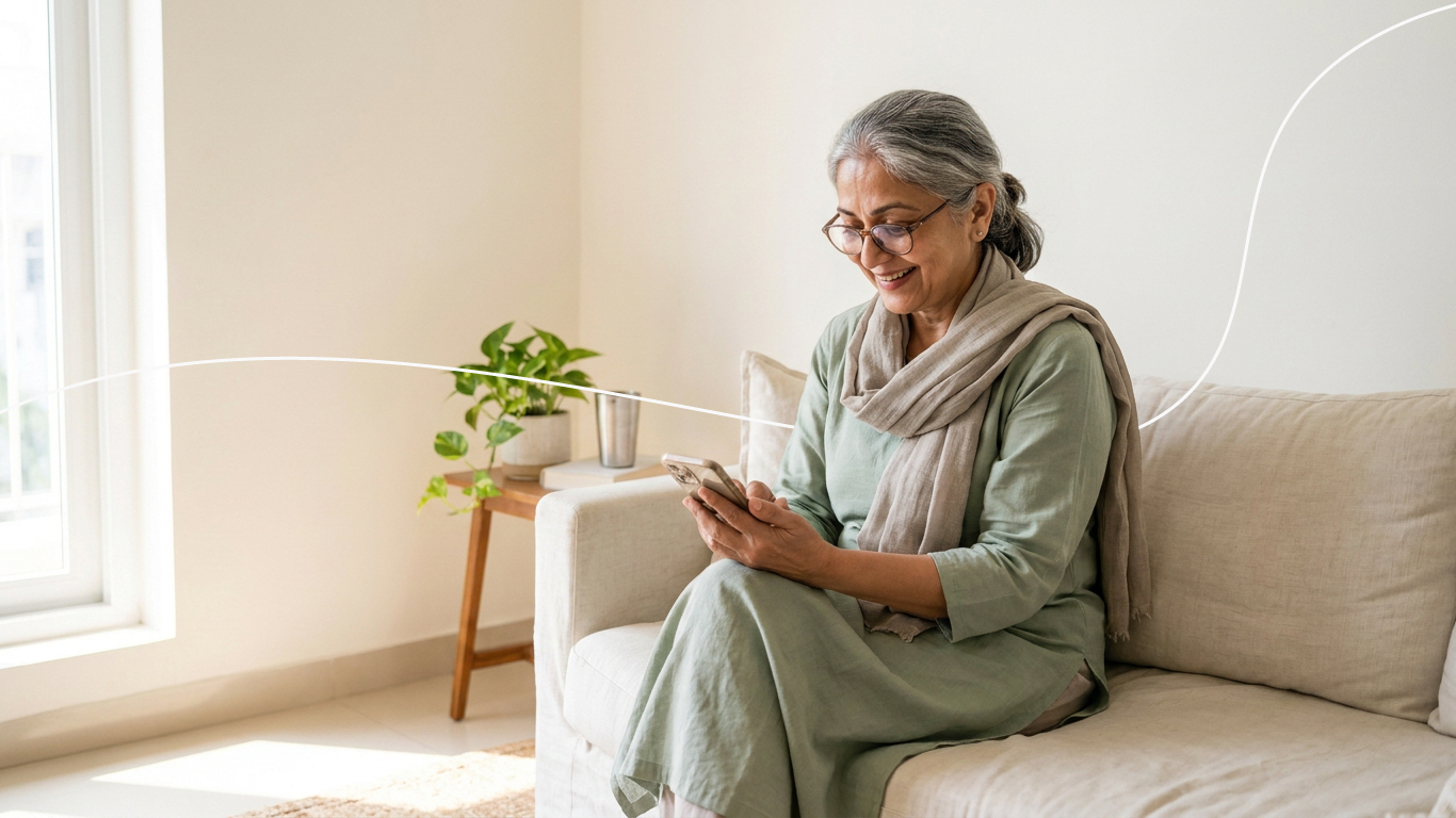 Senior woman using a smartphone for intent-based banking at home
